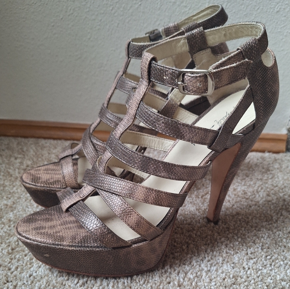Elizabeth And James Leather Manić Gladiator Platform Stiletto Bronze Leather 8B